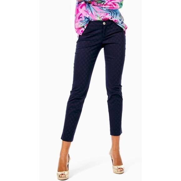 Lilly Pulitzer Kelly Skinny Jacquard Stretchy Ankle Pant, Midnight Navy Blue, 4 - Picture 1 of 7